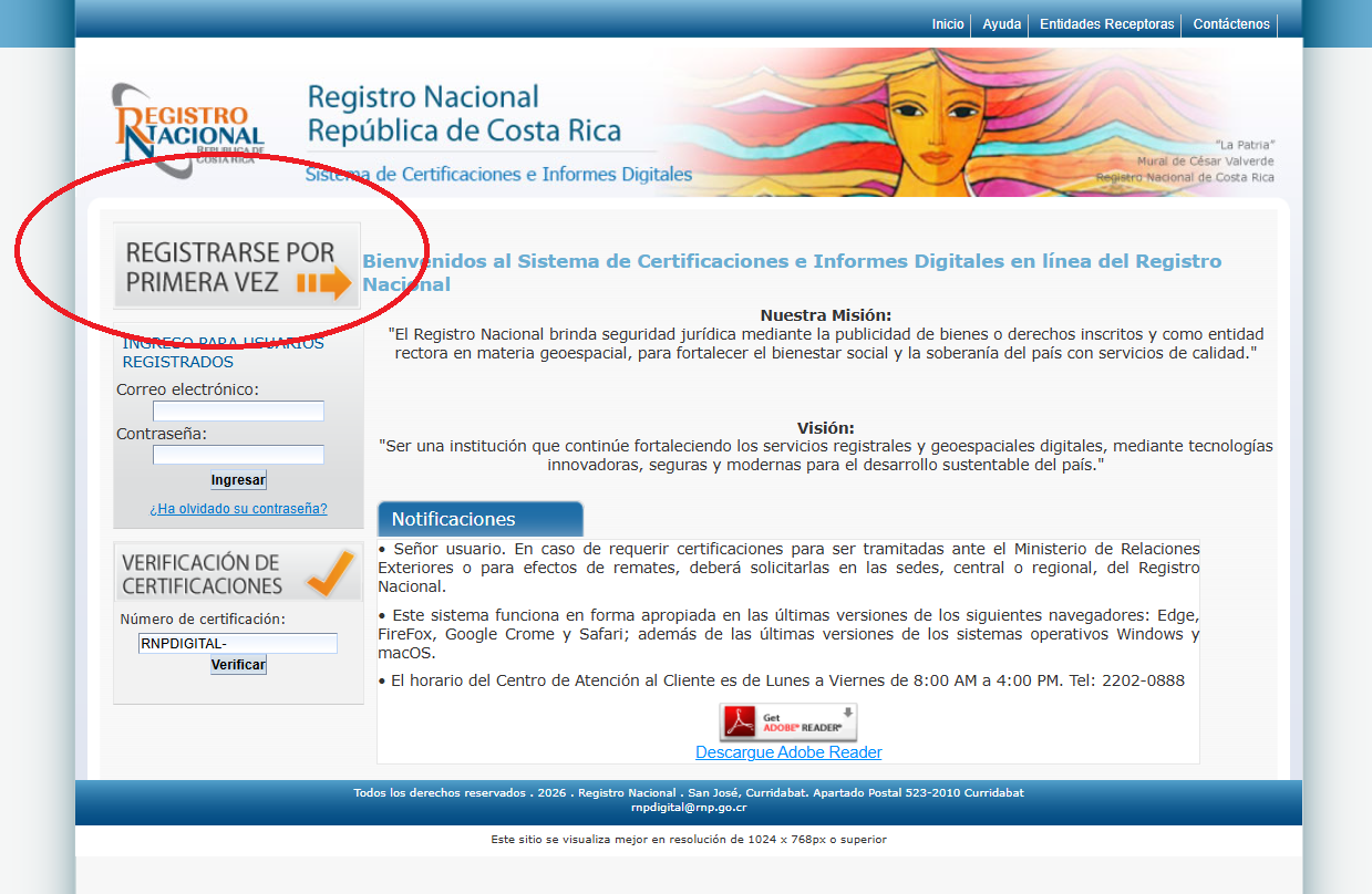 Form for creating an account with the National Registry