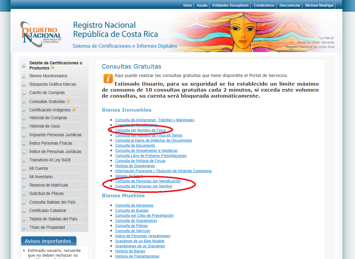 Options for searching for people and properties in the National Registry