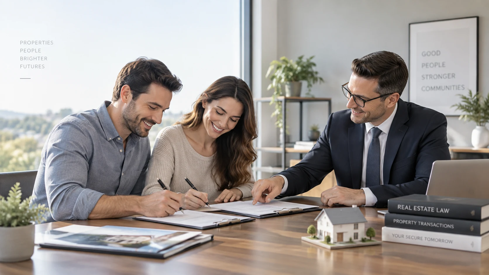 Pareja firmando un contrato inmobiliario junto a un abogado en una oficina moderna durante el proceso de compra de una propiedad.